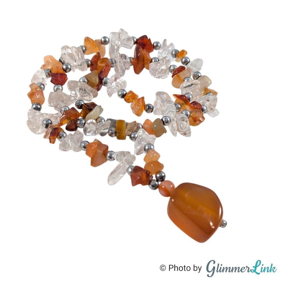 Vintage Earthy Semi Precious Stone Chip Necklace with Gemstone Pendant